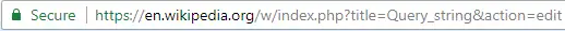 An address bar on Google Chrome showing a URL (Uniform Resource Locator) with the query string title=Query_string&action=edit