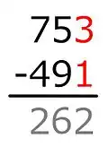 3和1相减，结果是2。 可得753和491的差是262。