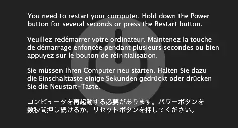 Mac OS X 10.3至10.5版的四國語言當機畫面