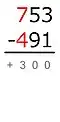 先看被减数与减数的百位，700-400=300，写在横线下。