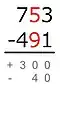 再看两数的十位，50-90=-40，写在横线下“300”的下方。