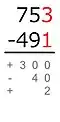 接着看两数的个位，3-1=2，写在横线下“-40”的下方。
