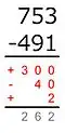 最后将得到的三个新数相加：300+(-40)+2=262。 可得753和491的差是262.