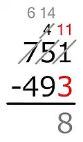 11和3相减，结果是8，写在个位上。