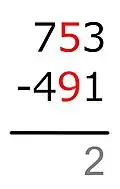 再看两数的十位，9加什么等于5呢？这没有自然数解。